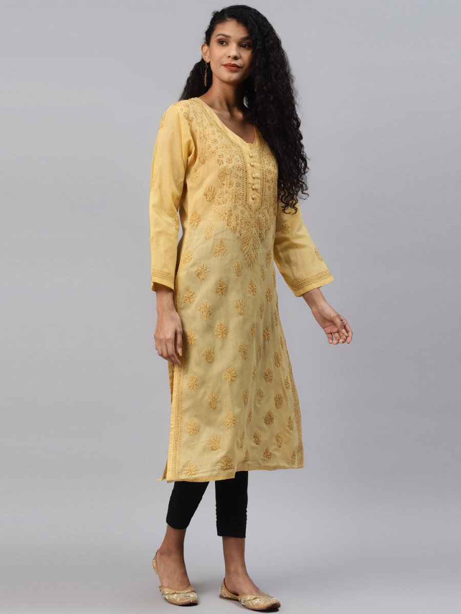 ADA Women Beige & Black Ethnic Motifs Embroidered Chikankari Handloom Kurta with Trousers | Swadesiicart