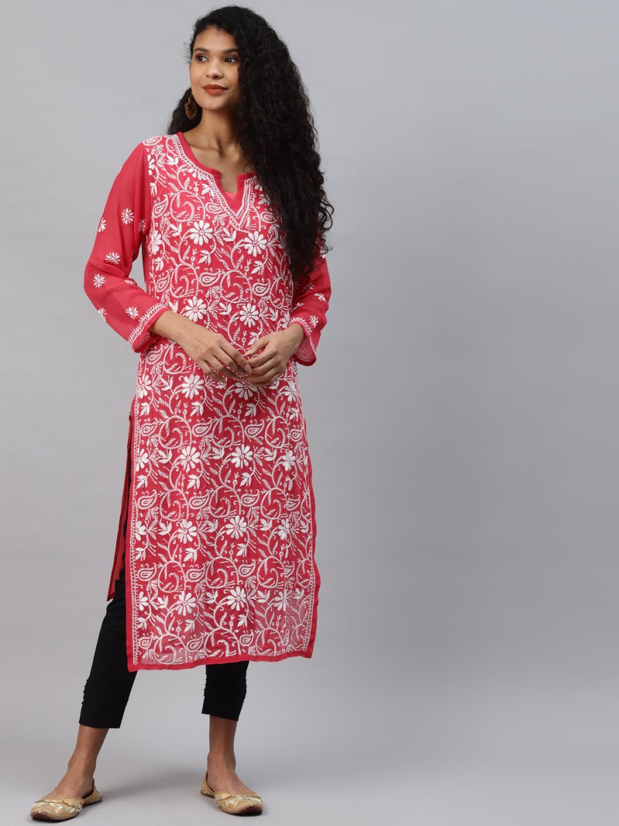 ADA Women Carrot Pink & White Floral Hand Embroidered Chikankari Handloom Kurta & Matching slip | Swadesiicart