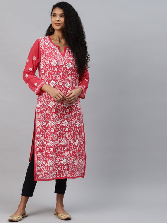 ADA Women Carrot Pink & White Floral Hand Embroidered Chikankari Handloom Kurta & Matching slip | Swadesiicart