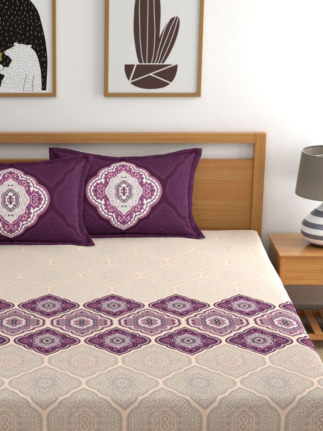Dreamscape Purple & Cream-Coloured 144 TC Bedsheet with Pillow Covers - Swadesiicart