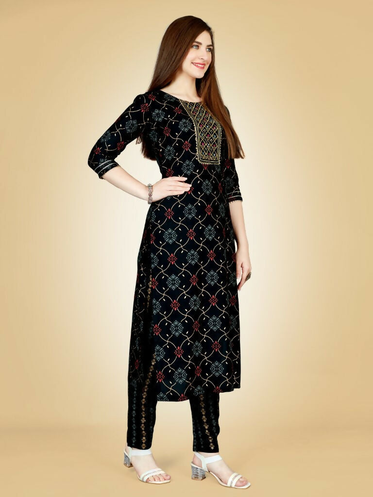 Jyoti Fashion Women's Black Viscose Rayon Embroidered Kurta Pant Set | Swadesiicart