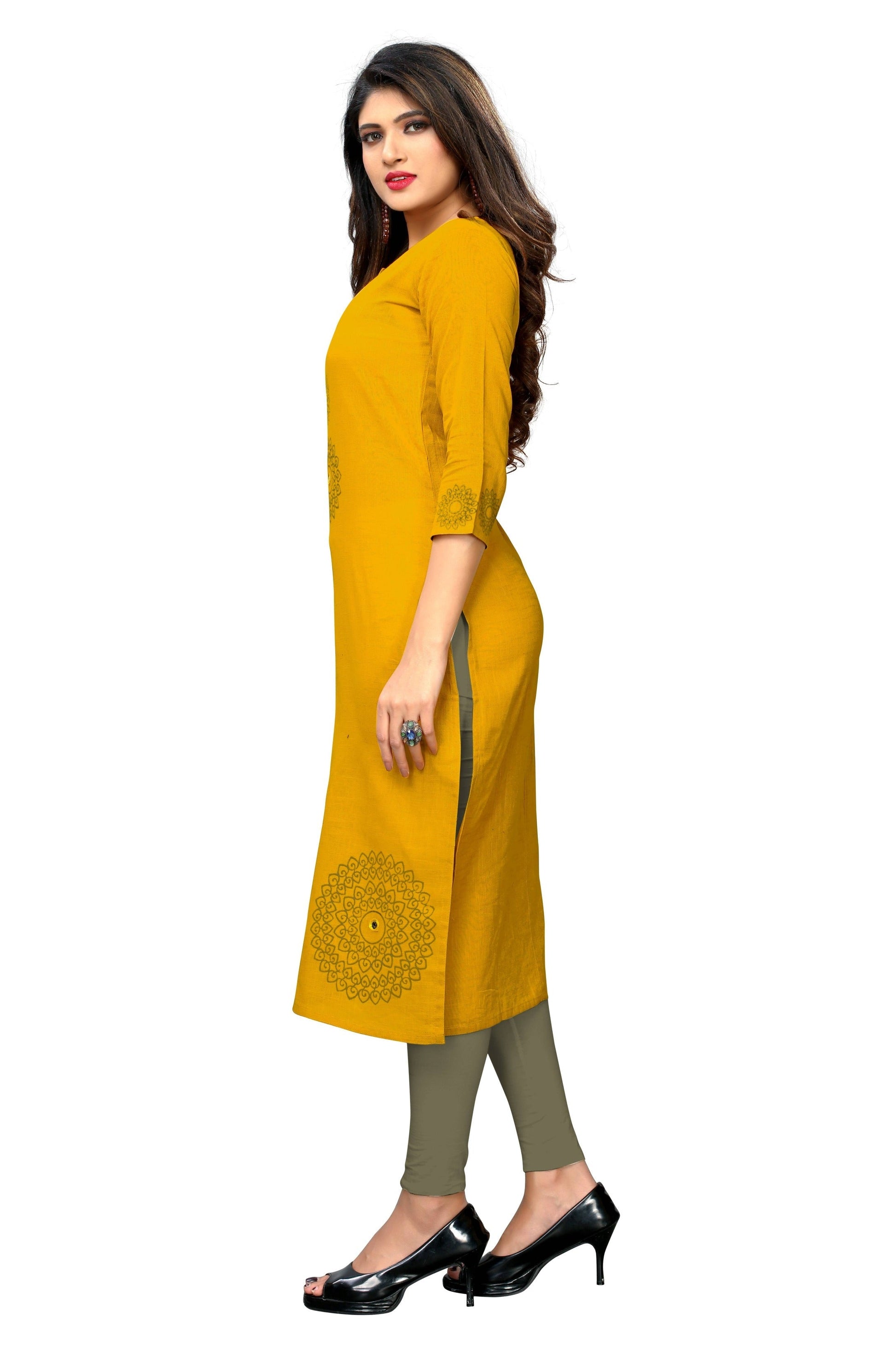 NOZ2TOZ Women's Yellow Color Slub Cotton Straight Kurta Only - Swadesiicart