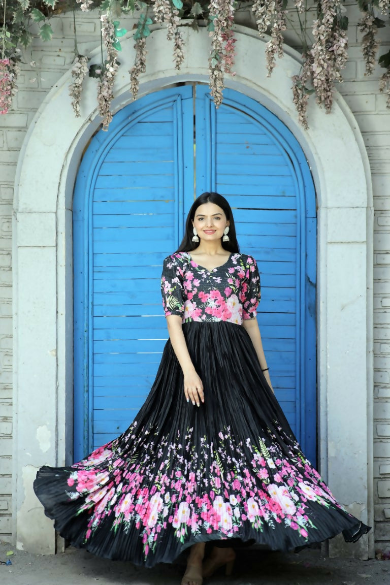 Jyoti Fashion Women's Black Floral Digital Printed Chinon Anarkali Dress | Swadesiicart