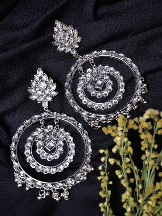 Silver-Plated Alloy Kundan Studded Silver Round Earrings - The Pari - Swadesiicart