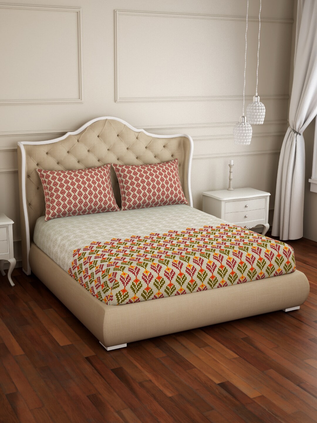 SPACES Atrium Plus Ecom Maroon 210 TC Fitted Cotton Queen Bedsheet With 2 Pillow Covers - Swadesiicart
