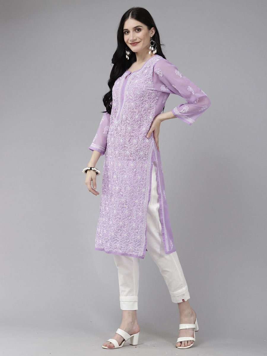 ADA Women Purple & White Ethnic Motifs Embroidered Chikankari Georgette Kurta | Swadesiicart