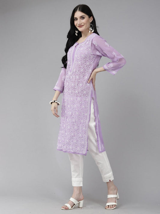 ADA Women Purple & White Ethnic Motifs Embroidered Chikankari Georgette Kurta | Swadesiicart