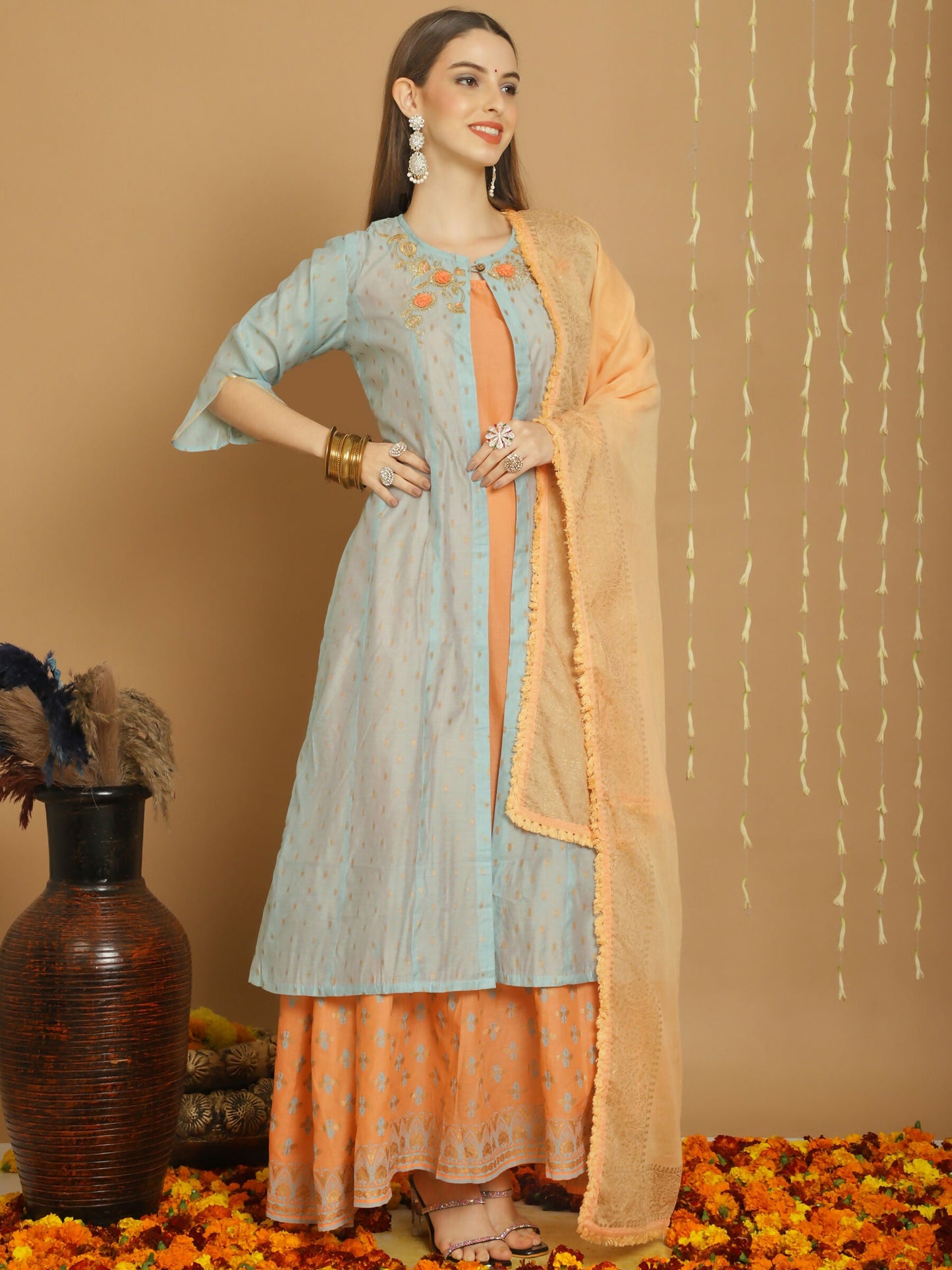 Jyoti Fashion Women's Turquoise Chanderi Silk Elegant Jardoshi Kurta with Trouser & Dupatta | Swadesiicart