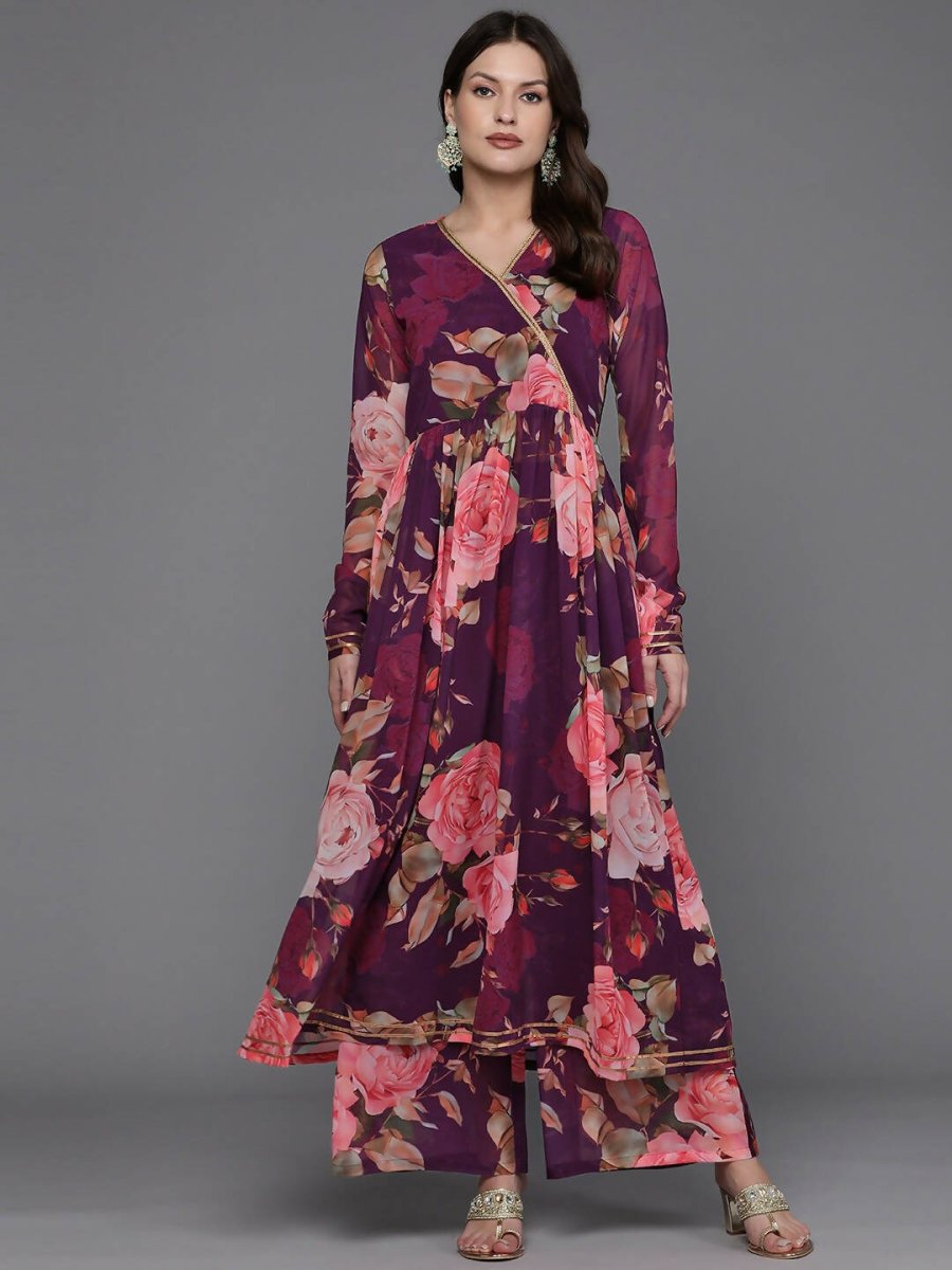 Ahalyaa Women Floral Printed Angrakha Kurta with Palazzos - Burgundy Color | Swadesiicart