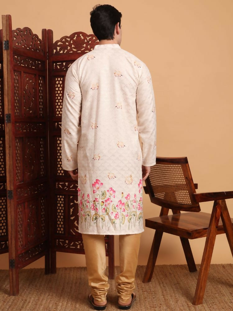 Cream Cotton Printed Chikankari Embroidery Work Kurta - Mahotsav | Swadesiicart