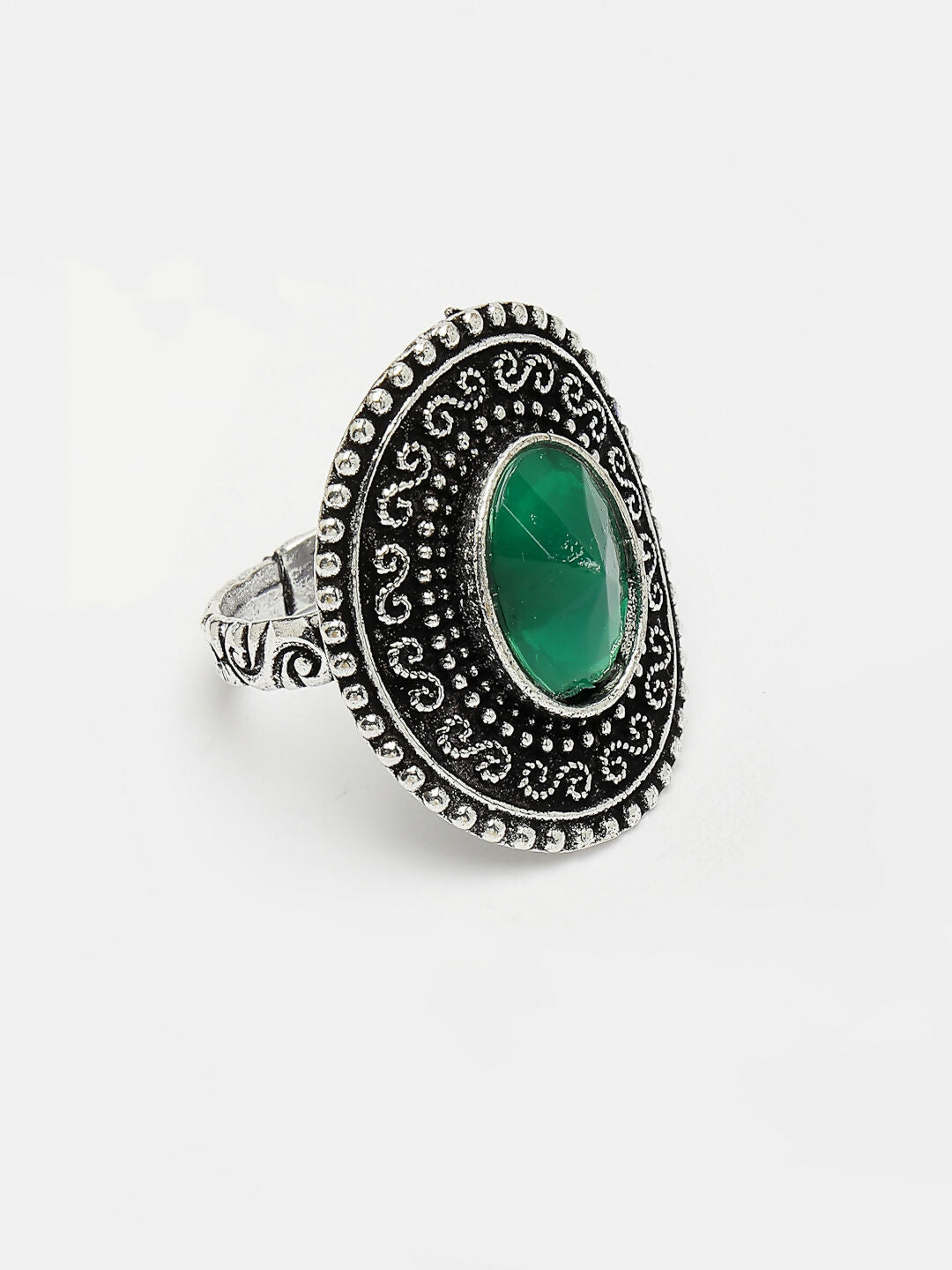 NVR Women's Green Silver-Toned German Silver Adjustable Finger Ring | Swadesiicart
