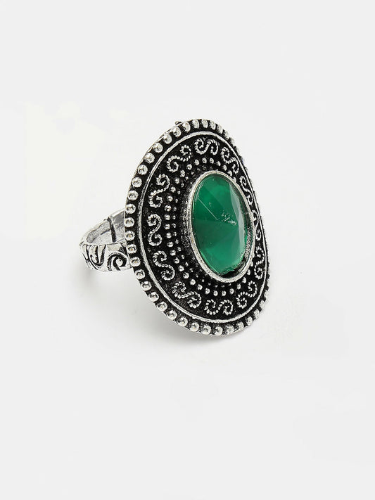 NVR Women's Green Silver-Toned German Silver Adjustable Finger Ring | Swadesiicart