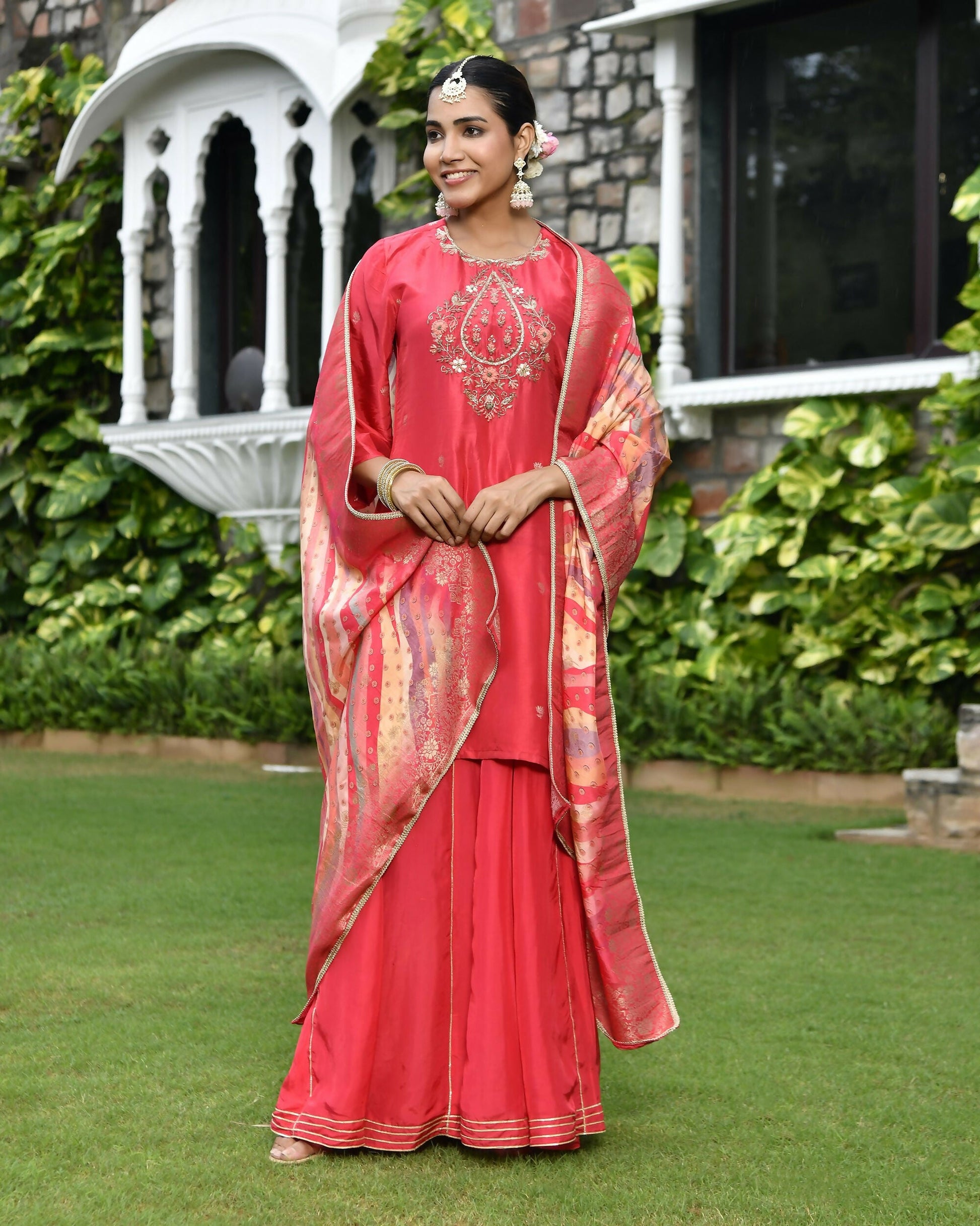 Vaasva Women's Silk Red Emboidered Solid Kurta, Sharara & Dupatta Set | Swadesiicart