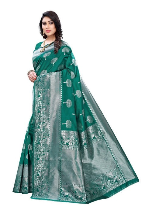 Vamika Banarasi Jacquard Weaving Rama Green Saree (AMEE RAMA) | Swadesiicart