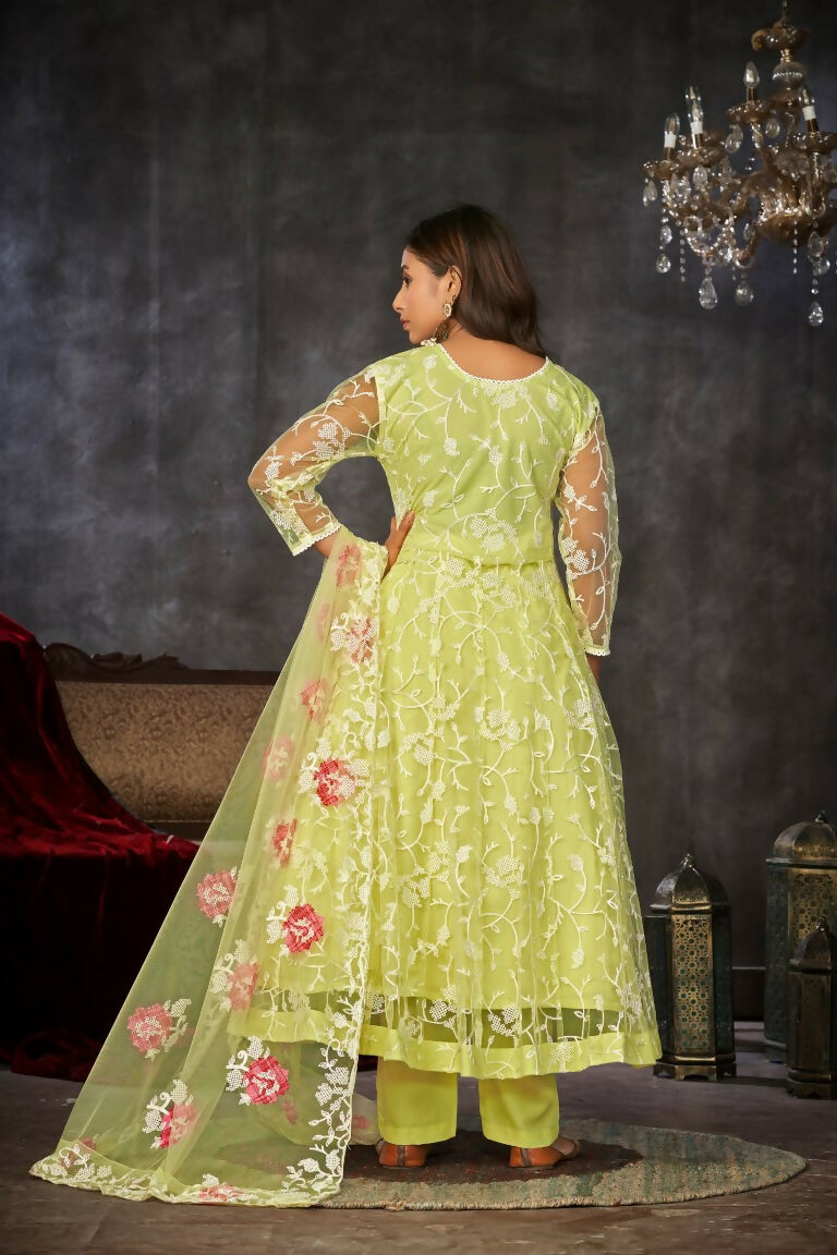 Jyoti Fashion Women's Pista Net Embroidered Anarkali Kurta Pant Set With Dupatta | Swadesiicart