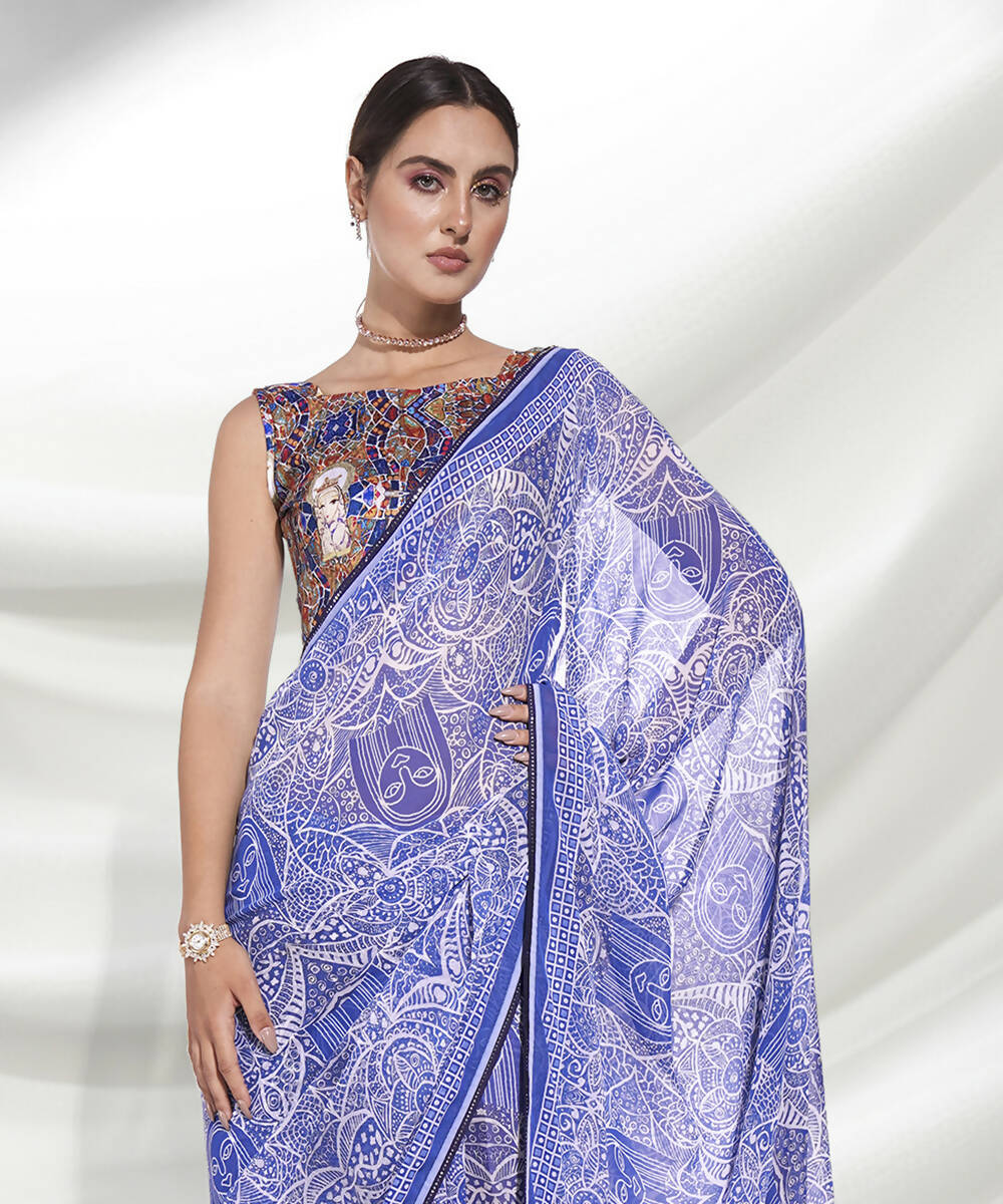 Blue Georgette Floral Printed Saree With Unstitched Blouse Piece - Rajal