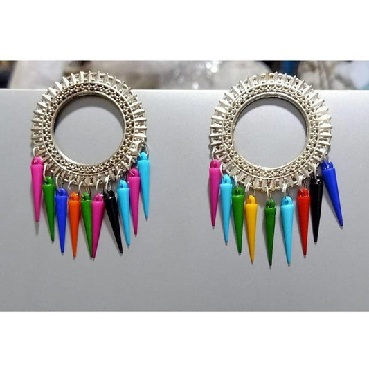 MS Fashion India Sun Design Oxidized Silver Earrings With Multicolor Alloy Drops | Swadesiicart