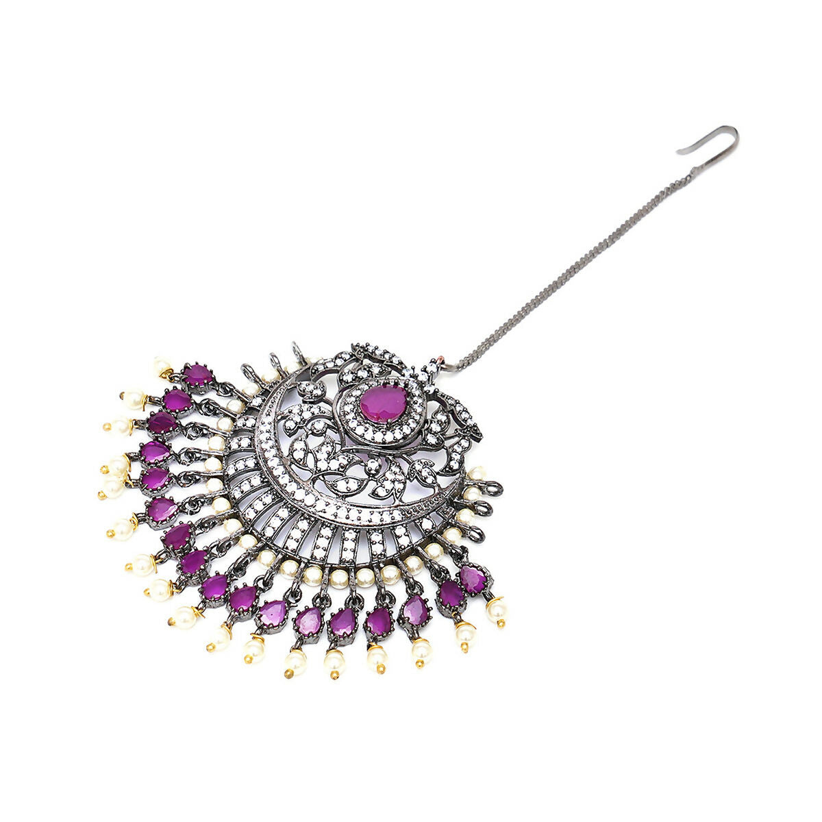 Oversized Diamond & Maroon Stone Maang Tikka- Ruby Raang | Swadesiicart