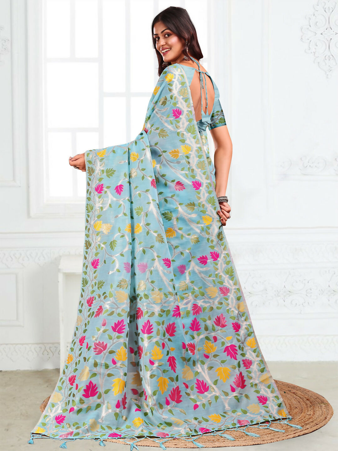 Shree Shyam Fashion Linen Cotton Sky Blue Saree