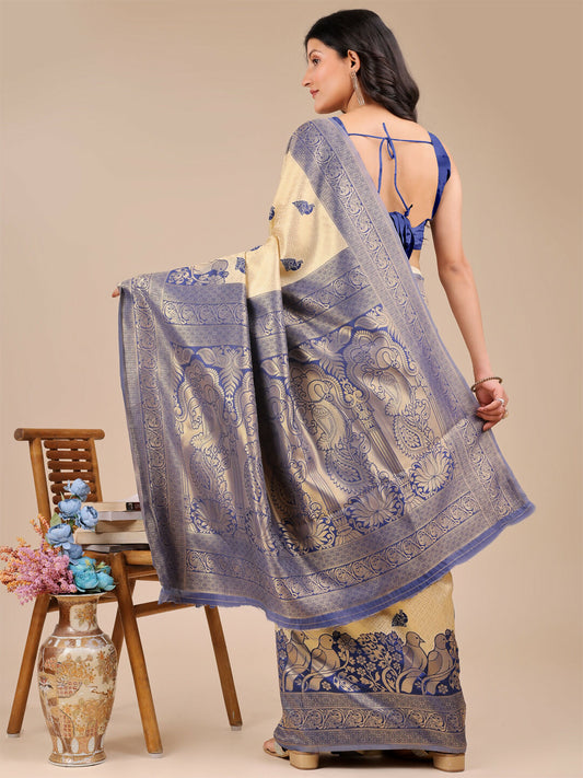 Astita Banarasi Silk Cream & Navy Blue Saree | Swadesiicart
