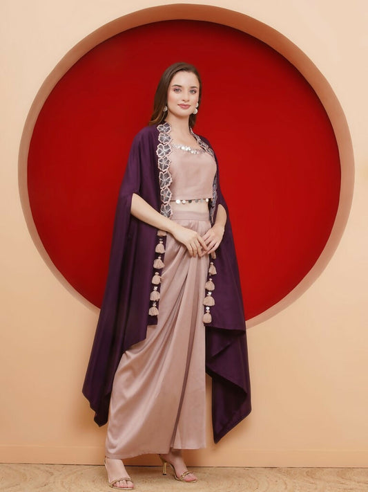 Joban Fashion Purple and Rose Gold Skirt set with Cape - Swadesiicart