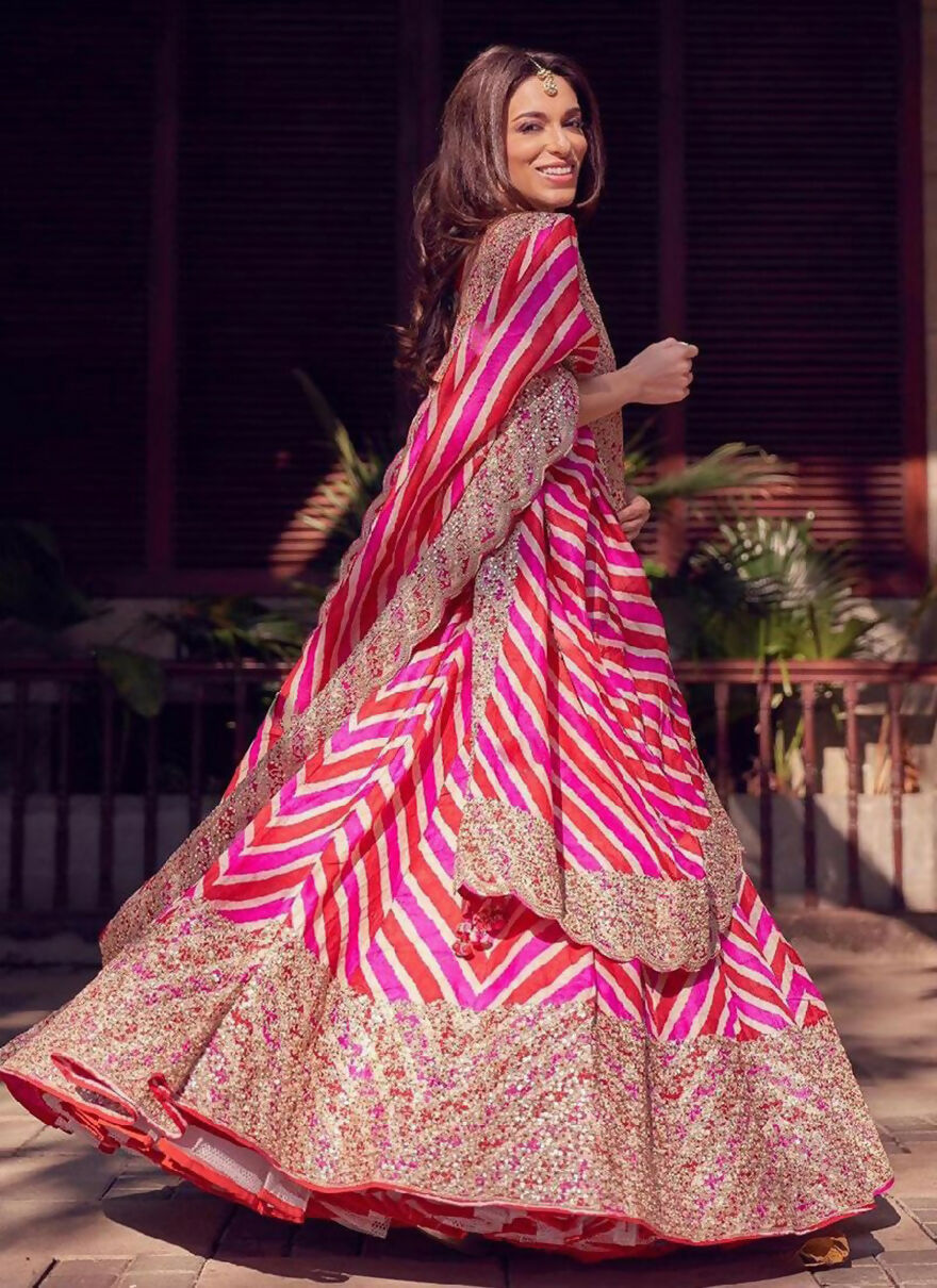 Jyoti Fashion Red & Pink Digital Print with Sequin Codding Embroidered Georgette Lehenga Choli with Dupatta | Swadesiicart