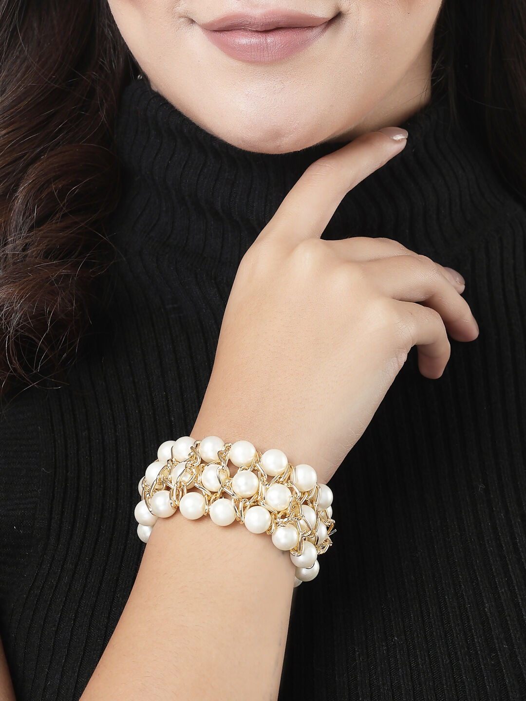 NVR Women White Beaded Elasticated Bracelet - Swadesiicart