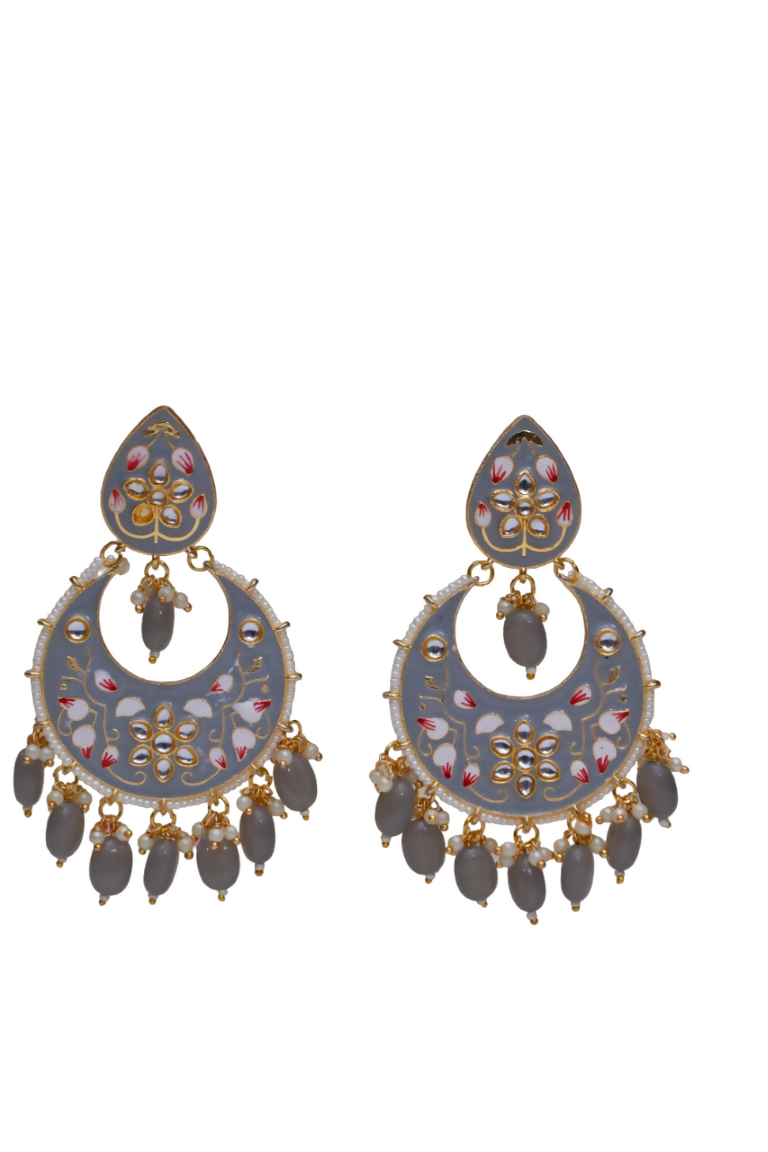 Grey Gold-Polished Brass & Pearl Dangle Women Earrings| Hand Painted Meenakari Chandbali Traditional Ethnic Wear Earrings By House of Ree - Swadesiicart