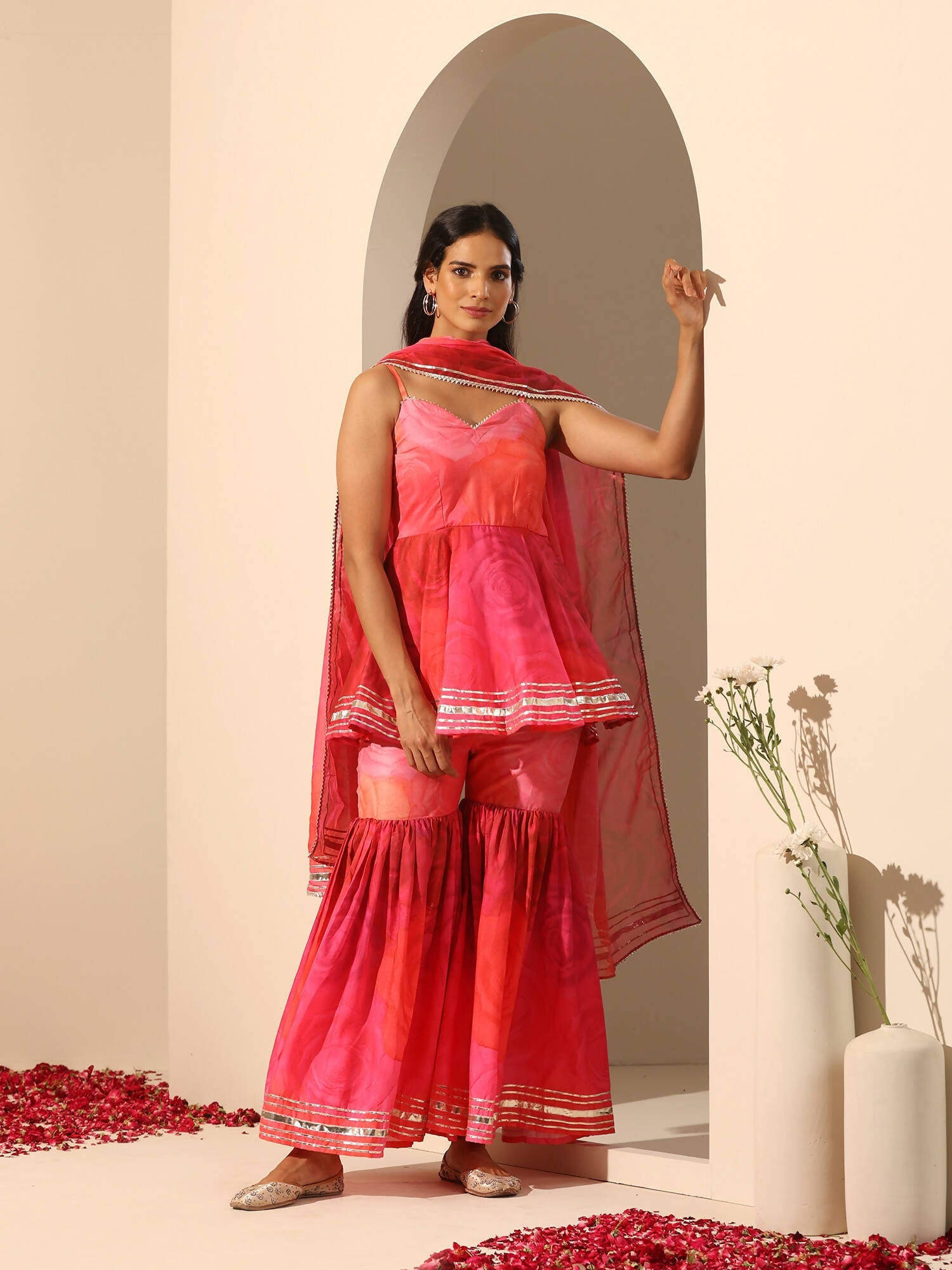 Pomcha Jaipur Pink Gul Bahaar Sharara Set | Swadesiicart