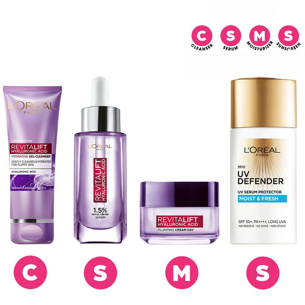 L'Oreal Paris Hyaluronic Acid Hydrating And Protecting CSMS (Cleanser, Serum, Moisturizer, Sunscreen) Regime Kit | Swadesiicart