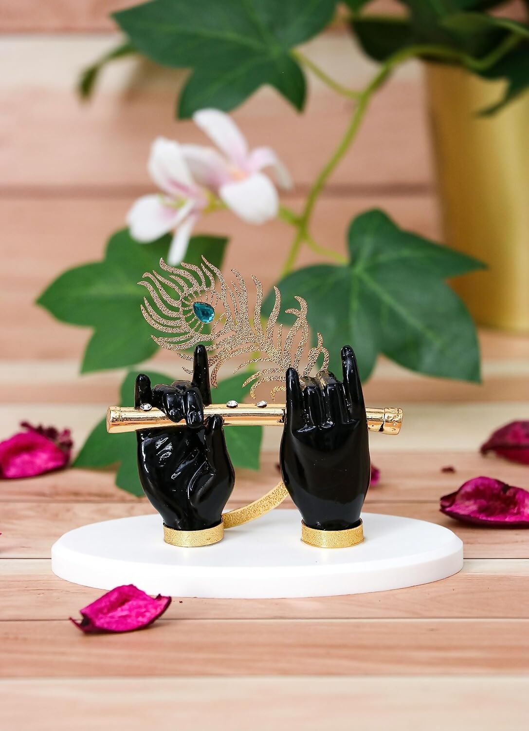 House Of Wemy Gold-Polished Lord Krishna Hands Idol with Flute and Pecock Feather - Black - Swadesiicart