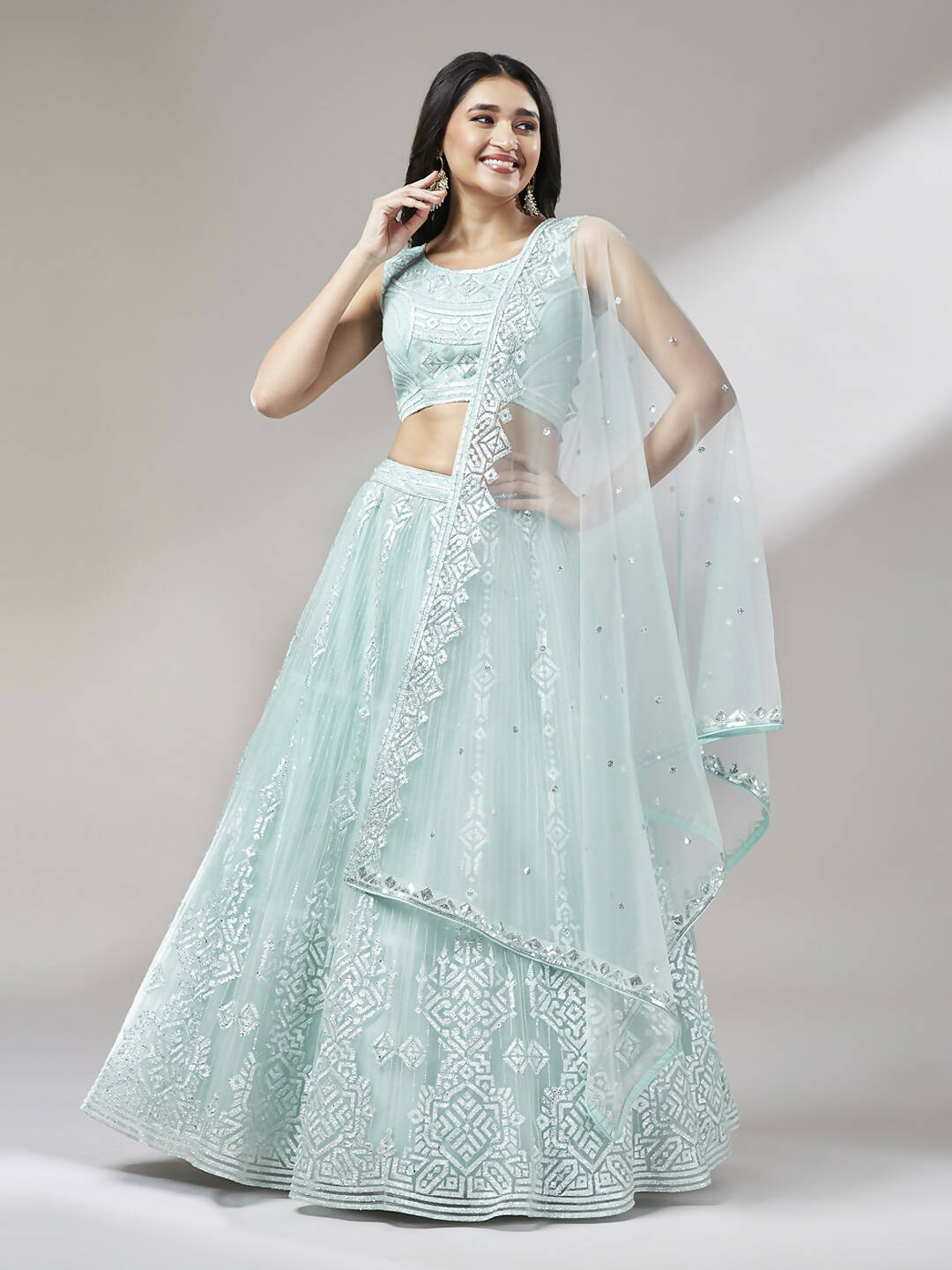 House of Panchhi Turquoise Blue Net Gotapatti Work Lehenga & Blouse, Dupatta | Swadesiicart