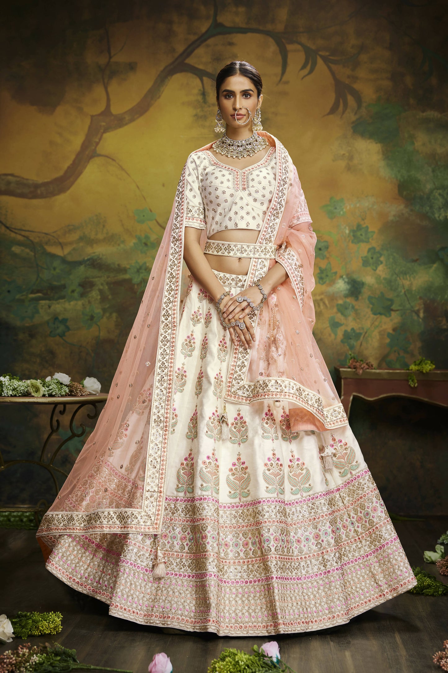 House of Panchhi Off White Pure Silk Moti & Zarkan heavy embroidery Lehenga choli & Dupatta | Swadesiicart