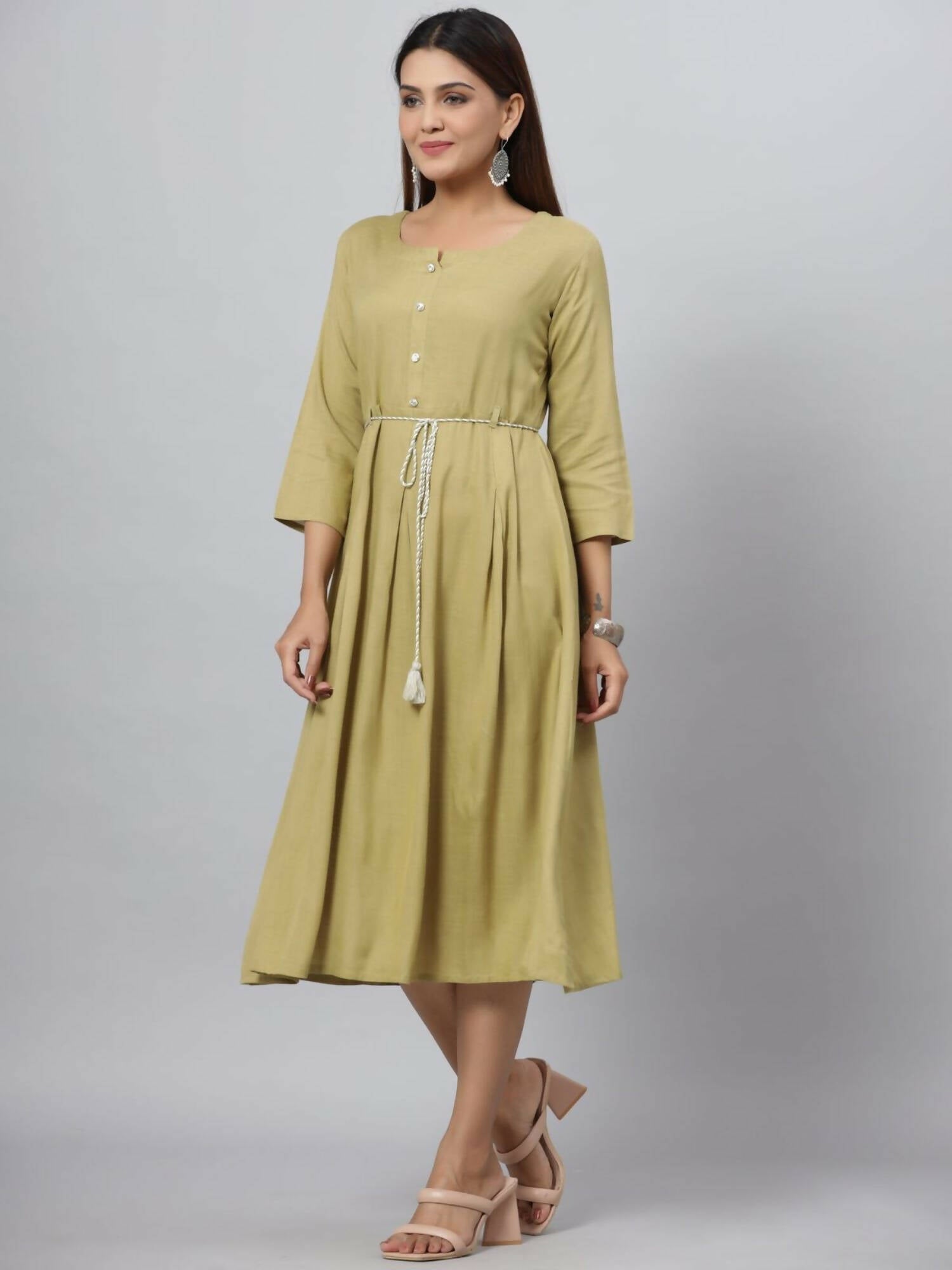 Juniper Women's Green Rayon Slub Solid Dress | Swadesiicart