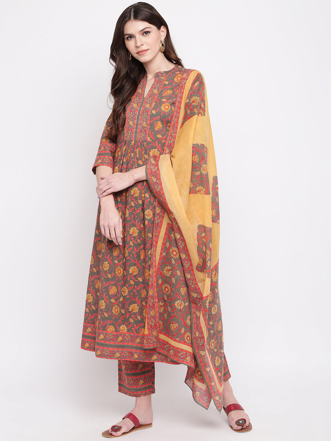 NOZ2TOZ Women Yellow, Grey Kurta With Palazzo & Dupatta (3pcs Set) - Swadesiicart
