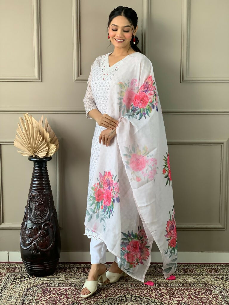 Partywear Designer Linen Cotton with cotton lining Offwhite Stitched Suit With Dupatta - Tanisha | Swadesiicart