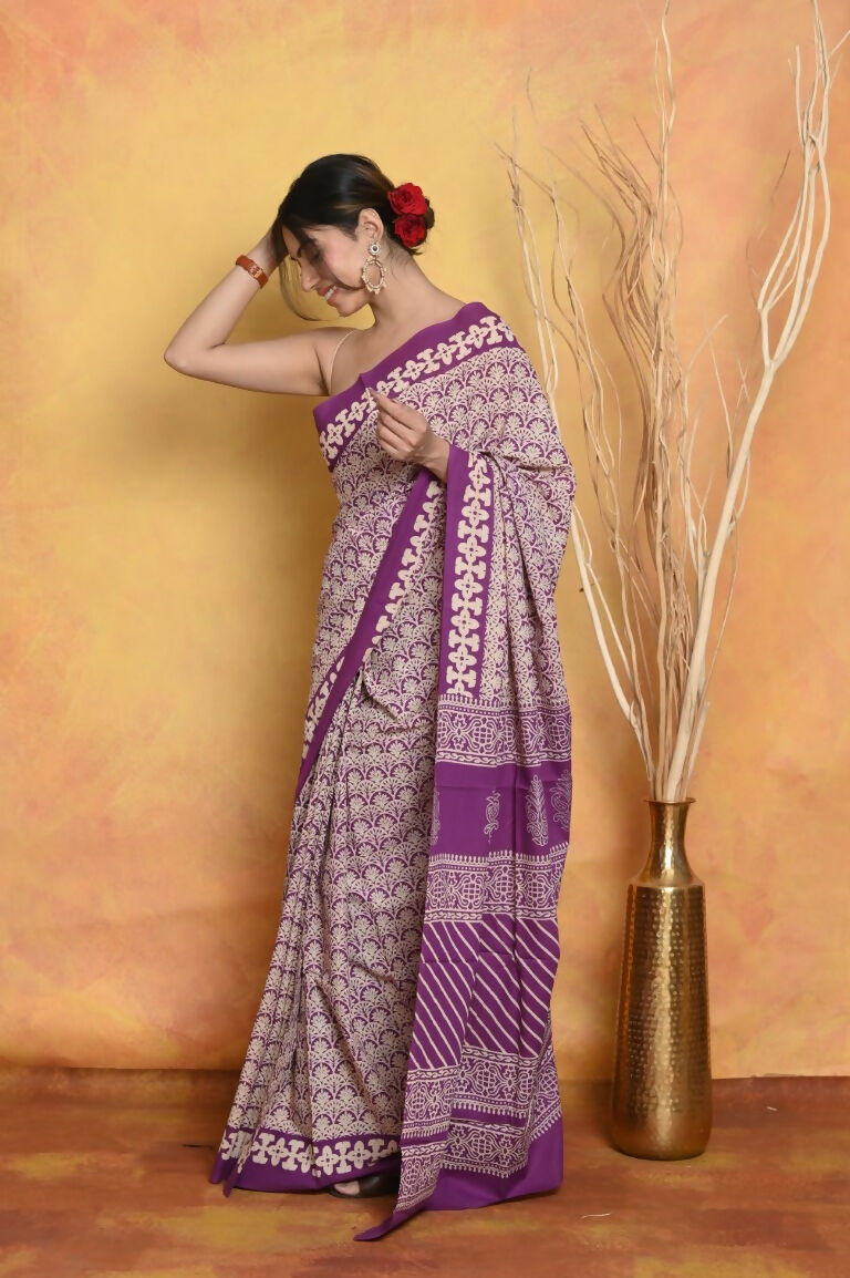 Very Much Indian Handblock Printed Cotton Saree With Natural Dyes - White | Swadesiicart