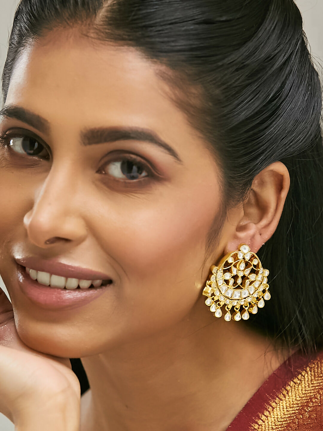 Nuyug 22K Gold-Plated Kundan Stone Studded & Pearl Beaded Moon Chandbalis | Swadesiicart