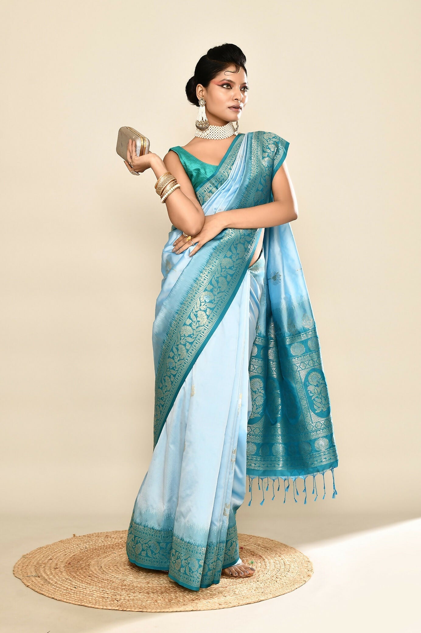 Joban Fashion Sky Blue & Rama Plain With Weaving Border Banarasi Silk Sarees | Swadesiicart