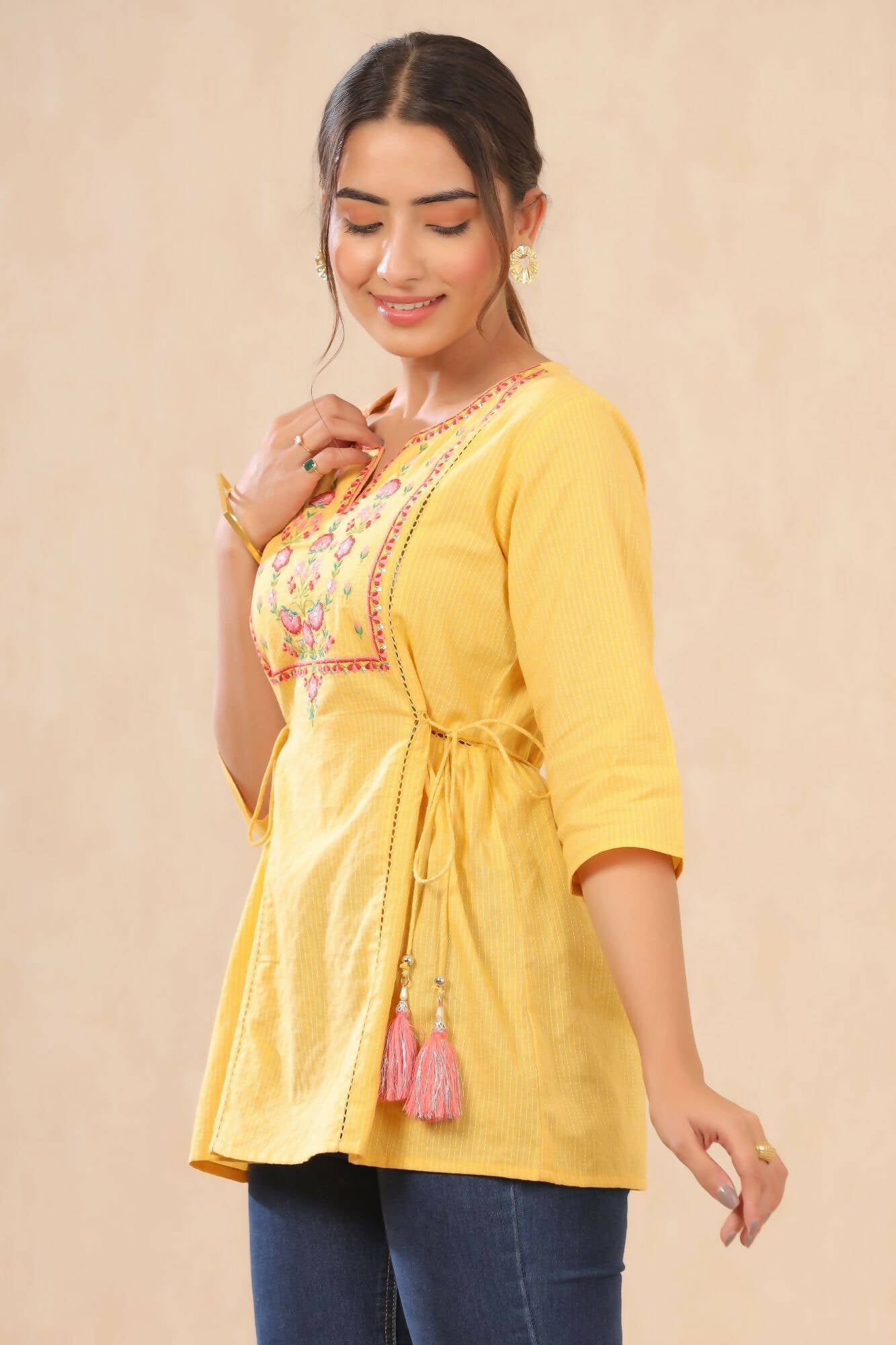 Juniper Women Yellow Cotton Dobby Embroidered A-Line Tunic | Swadesiicart