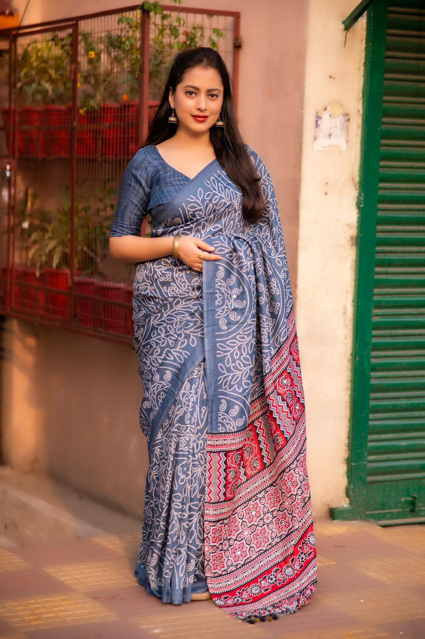 Grey Silk Blend Ajrak Saree with Unstitched Blouse - Hiral Fashion | Swadesiicart