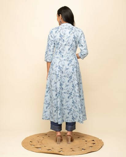 FIORRA Women's Light Blue Cotton Flared Kurta Pant with Dupatta - Swadesiicart