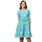Blue & White Ethnic Motifs Printed Cotton A-Line Dress - Poonam