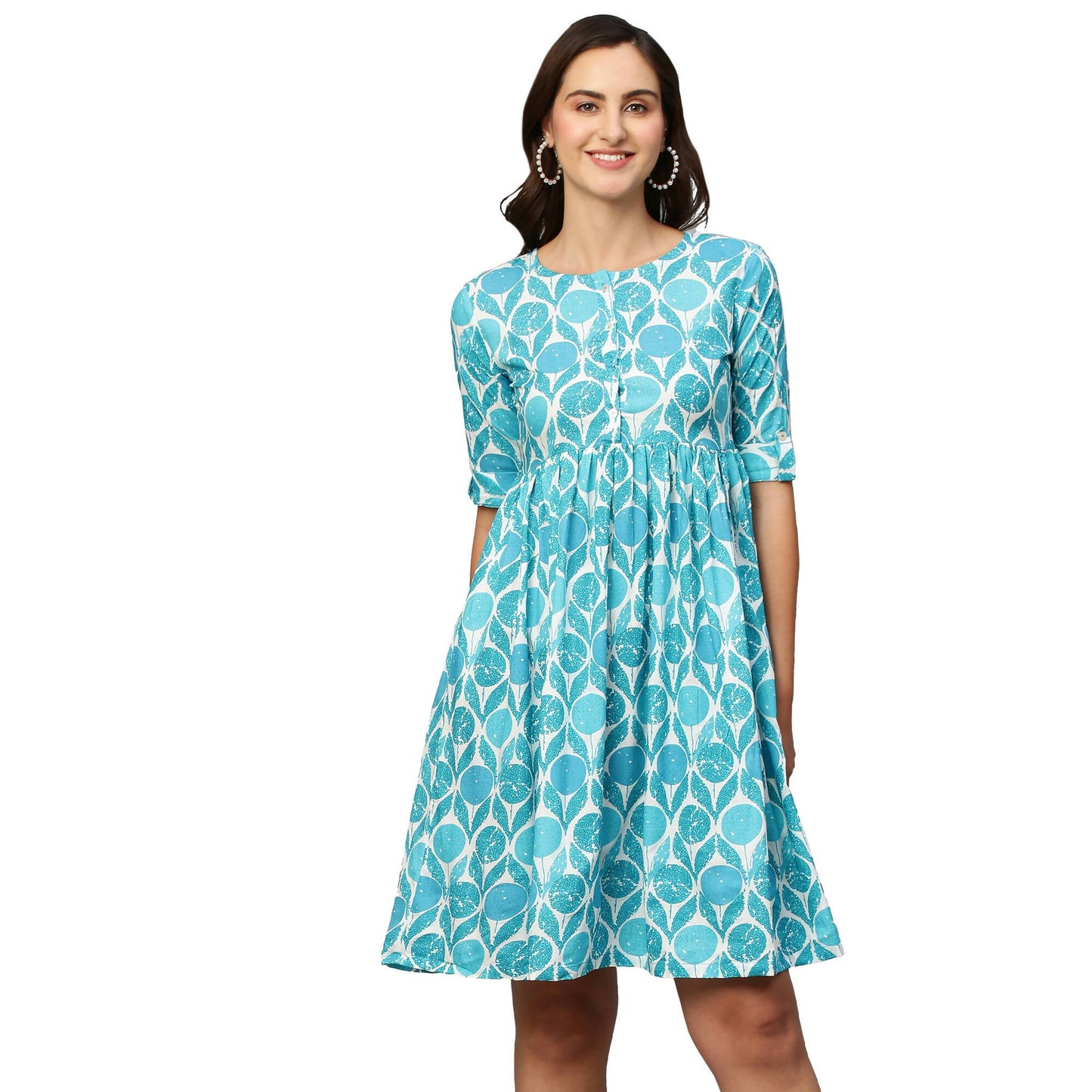 Blue & White Ethnic Motifs Printed Cotton A-Line Dress - Poonam