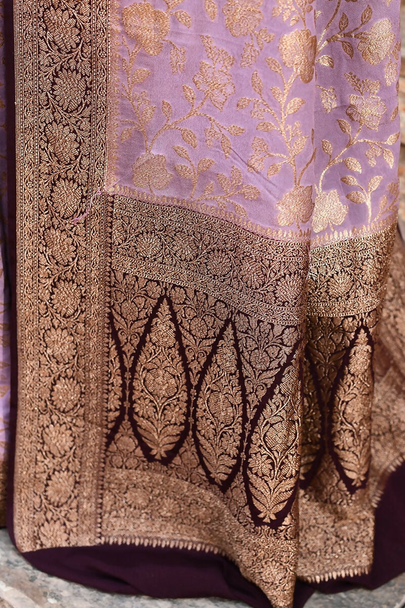 Joban Fashion Nude Pink Crepe Chiffon Pure Handloom Banarasi Silk Saree | Swadesiicart