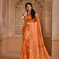 Vishnu Weaves Women's Orange Handloom Raw Silk Woven Border Saree with Unstitched Blouse - Swadesiicart