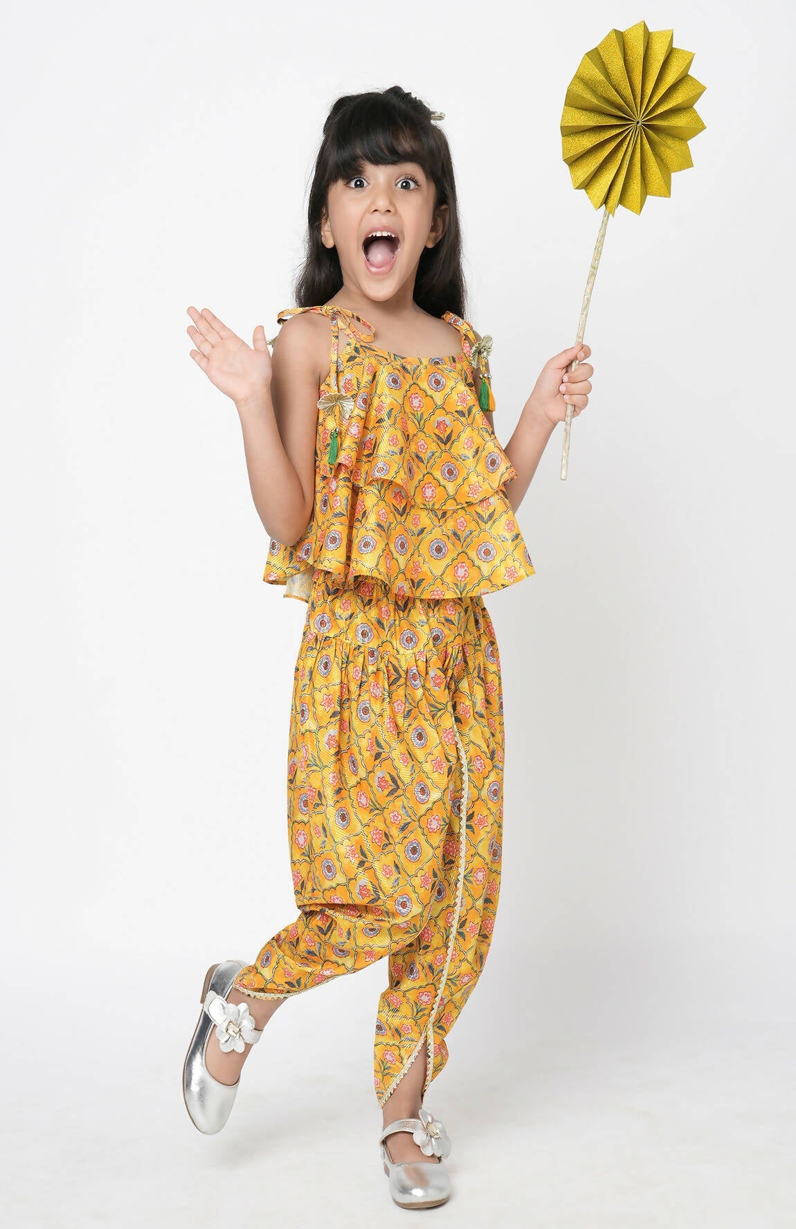 Lil Drama Golden Weaves Yellow Crop Top With Dhoti Co-Ordinate Set - Swadesiicart