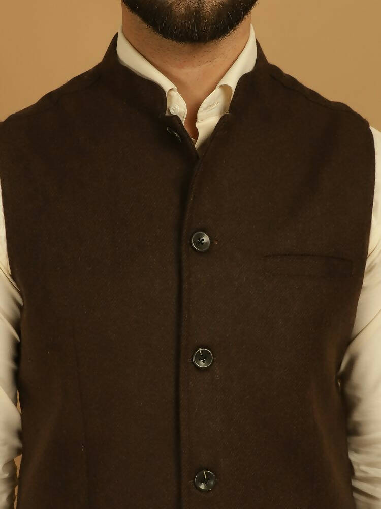 Even Apparels Pure Wool Nehru Jacket - Brown | Swadesiicart