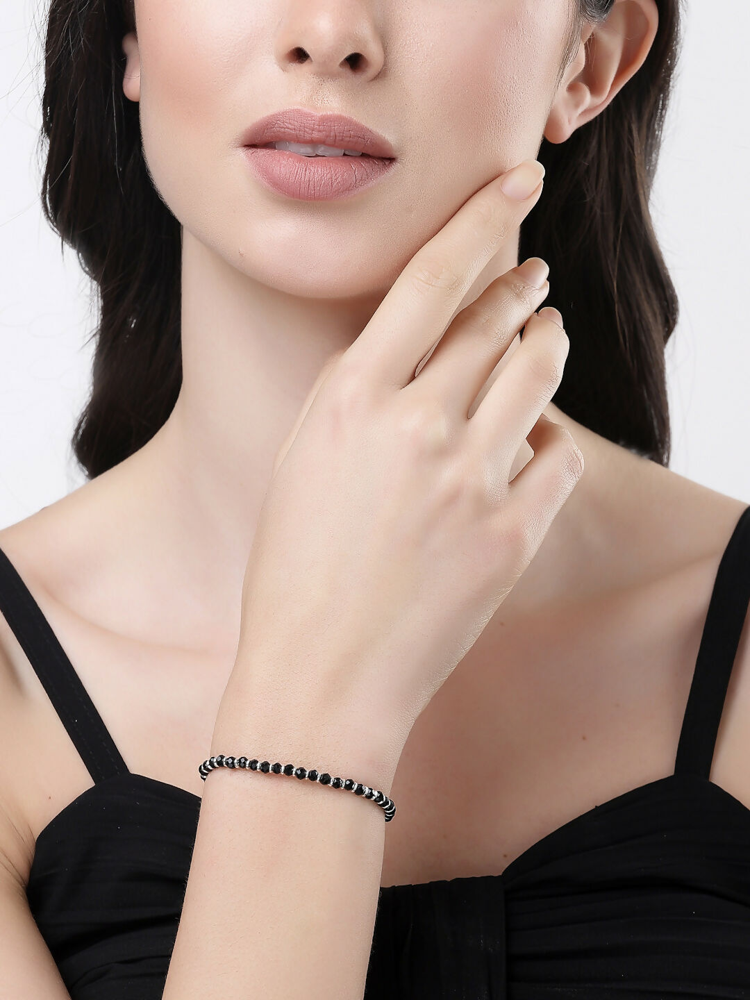NVR Women Silver-Toned Black Brass Rhodium-Plated Link Bracelet - Swadesiicart