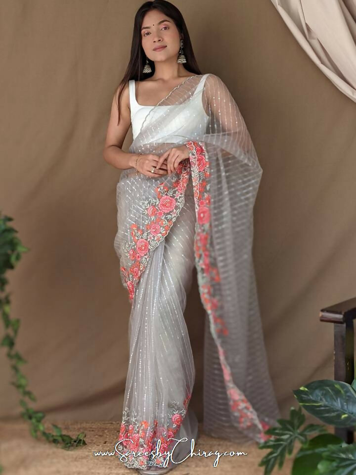 Vamsee Murari Grey Super Net Saree - Swadesiicart